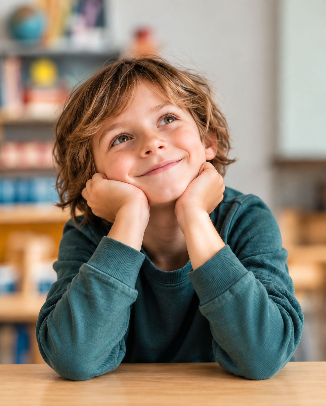 A smiling child in a supportive learning environment.